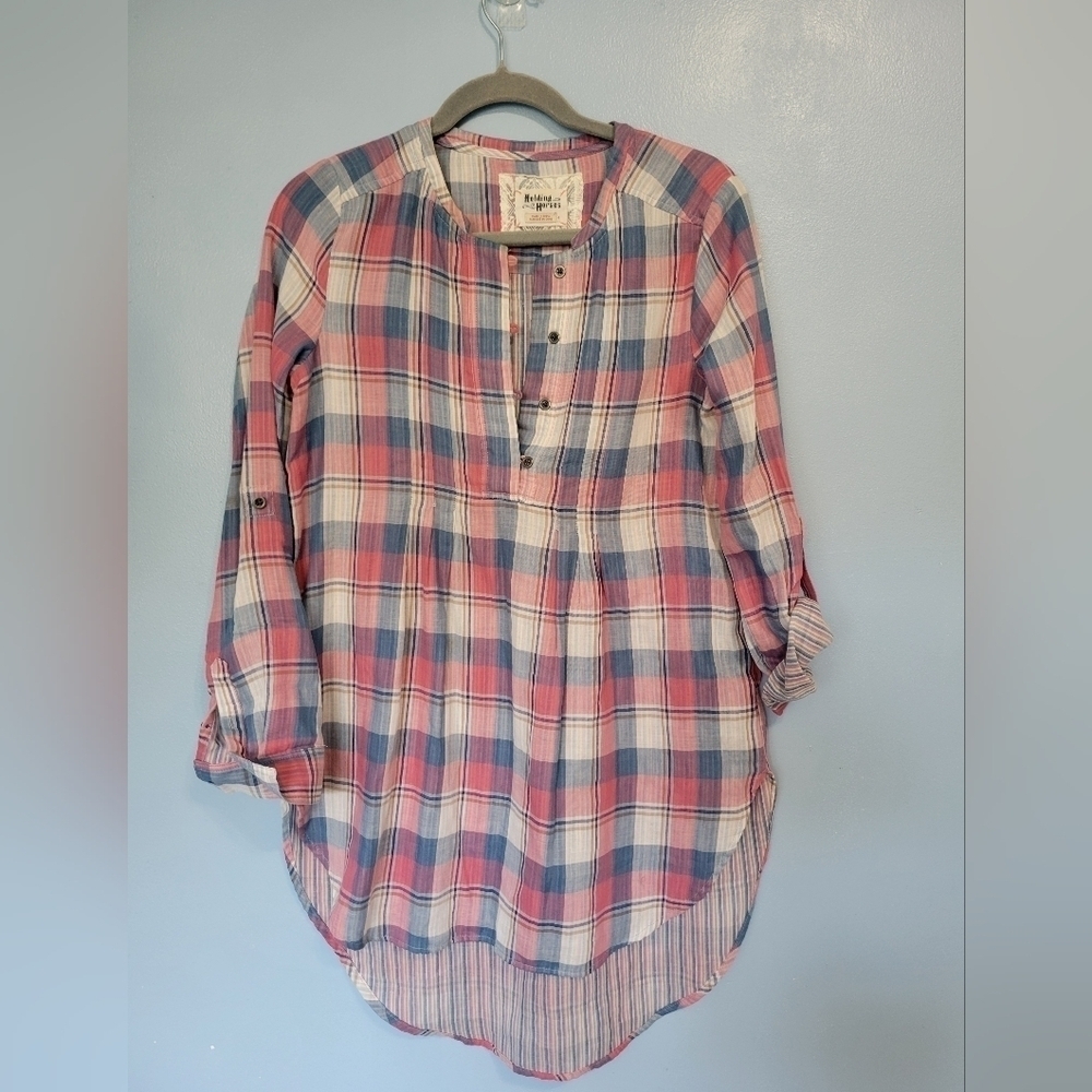 Holding Horses Anthropologie Roll-tab Sleeve Plaid Tunic Top Sizd 4 Pink